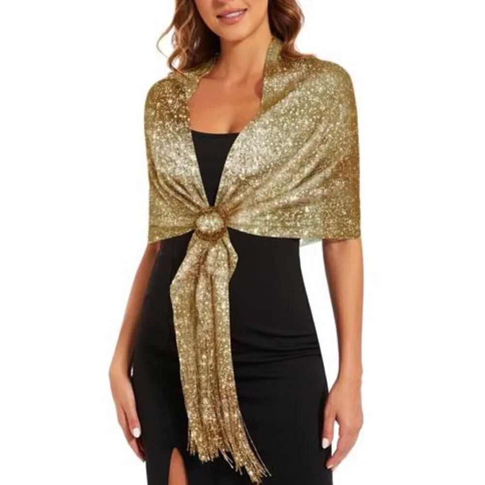 Gold Sparkling Metallic Shawls and Wraps with Buckle, for Evening Dresses Party